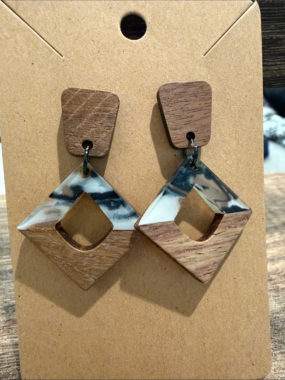 Wood & Marbled Resin Diamond Dangle Earrings - Black & White